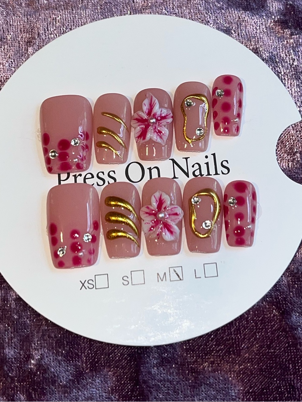 Floral Pink Press-On Nail Set with Gold Accents